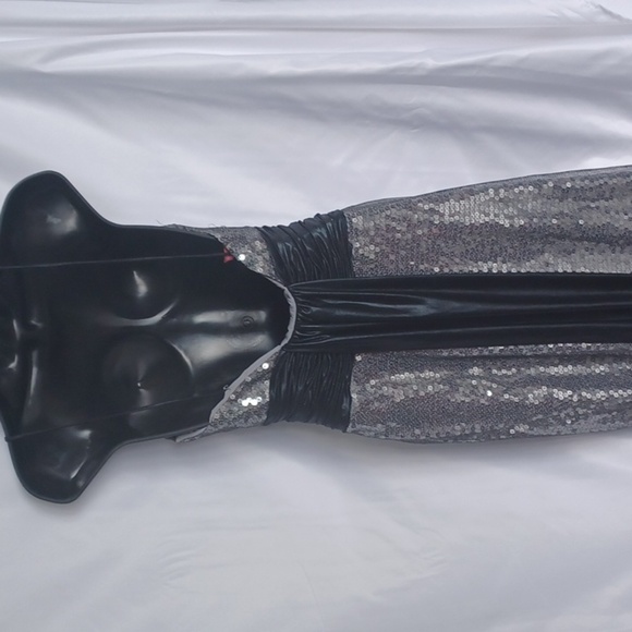 Flirt Formal, silver sequin, black waist, 17" pit to pit, 13" Waist, 64" long - Picture 4 of 6